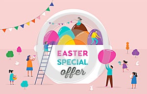 Happy Easter scene with families, kids. Easter sale event, promo