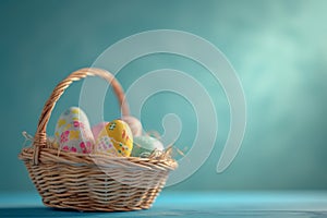 Happy easter Scent Eggs Morning glory Basket. White azure Bunny easter basket. playful background wallpaper