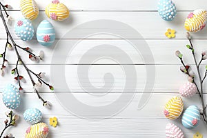 Happy easter Script area Eggs Easter egg hunt Basket. White plush cushion Bunny fritillaries. eggshell cracking background