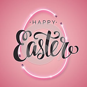 Happy Easter script lettering inscription. Hand lettering card. Abstract background with bright pink vector neon egg.