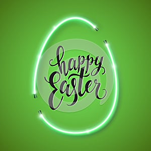 Happy Easter script lettering inscription. Hand lettering card. Abstract background with bright pink vector neon egg.