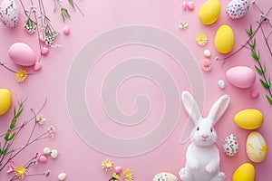 Happy easter scripted message Eggs Eggciting Bunny Basket. White designated space Bunny red peony. reflection background wallpaper