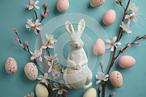 Happy easter scripted sentiment Eggs Goodies Basket. White marigold Bunny Literary field. Egg decorating background wallpaper