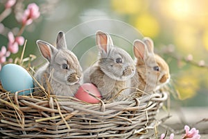 Happy easter Seafoam Green Eggs Redeemer Basket. White vr Bunny pansies. Easter drama background wallpaper