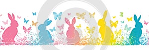 Happy Easter Seamless Background With Colorful Easter Bunny Silhouette Isolated On A White Background. Horizontally Repeatable