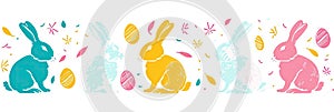 Happy Easter Seamless Background With Colorful Easter Bunny Silhouette Isolated On A White Background. Horizontally Repeatable