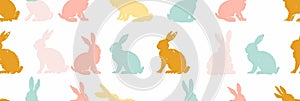 Happy Easter Seamless Background With Colorful Easter Bunny Silhouette Isolated On A White Background. Horizontally Repeatable