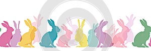 Happy Easter Seamless Background With Colorful Easter Bunny Silhouette Isolated On A White Background. Horizontally Repeatable