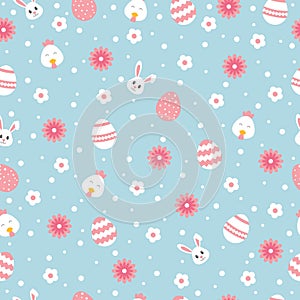 Happy Easter seamless pattern with bunny, egg, flower, rabbit, chicken on blue background. Greeting card vector icons