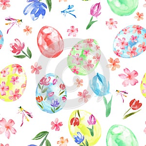 Happy Easter seamless pattern with colored eggs and spring flowers on white background.