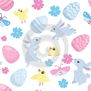 Happy Easter seamless pattern, cute blue bunnies and Easter eggs and yellow chickens, bugs
