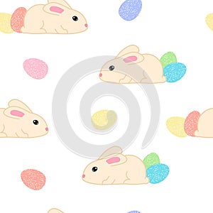 Happy easter seamless pattern with cute cartoon bunny rabbit and colored eggs on white background, editable vector illustration