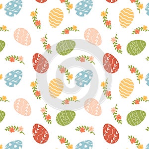 Happy Easter seamless pattern with decorated various ornaments of eggs on white background and blooming flowers. Festive