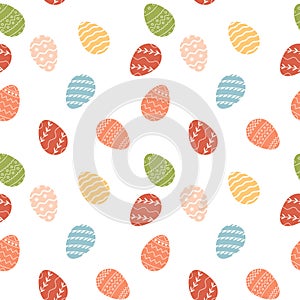 Happy Easter seamless pattern with decorated various ornaments of eggs on white background and blooming flowers. Festive