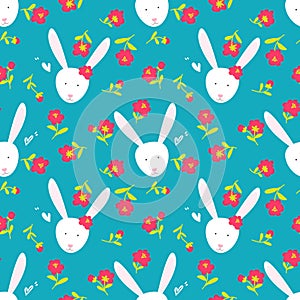 Happy Easter seamless pattern design of cute rabbits with little heart and tiny flowers