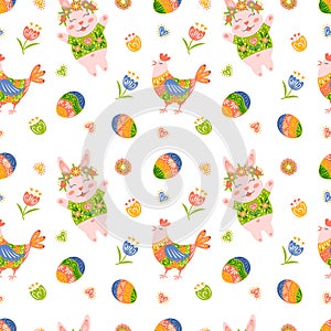 Happy easter seamless pattern. Easter bunny, chicken, colored eggs and flowers seamless texture. Textiles, wrapping