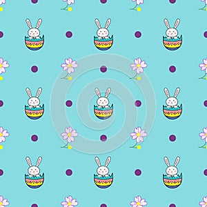 Happy Easter seamless pattern with rabbit in egg and flower shell on blue background illustration. Cute cartoon