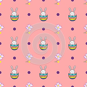 Happy Easter seamless pattern with rabbit in egg and flower shell on pink background illustration. Cute cartoon