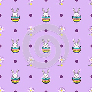 Happy Easter seamless pattern with rabbit in egg and flower shell on purple background illustration. Cute cartoon