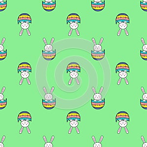 Happy Easter seamless pattern with rabbit in egg shell on green background illustration. Cute cartoon character.