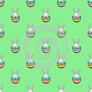 Happy Easter seamless pattern with rabbit in egg shell on green background illustration. Cute cartoon character.