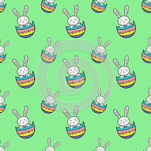 Happy Easter seamless pattern with rabbit in egg shell on green background illustration. Cute cartoon character.