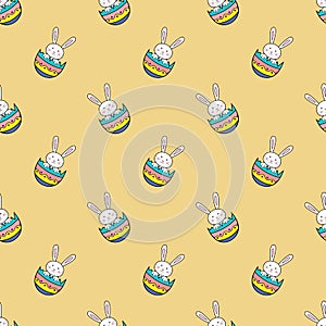 Happy Easter seamless pattern with rabbit in egg shell on orange background illustration. Cute cartoon character.