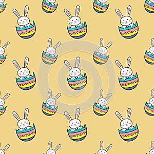 Happy Easter seamless pattern with rabbit in egg shell on orange background illustration. Cute cartoon character.