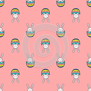 Happy Easter seamless pattern with rabbit in egg shell on pink background illustration. Cute cartoon character.