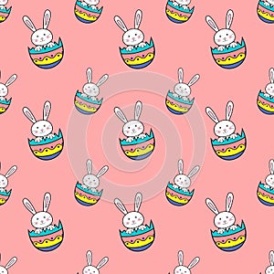 Happy Easter seamless pattern with rabbit in egg shell on pink background illustration. Cute cartoon character.