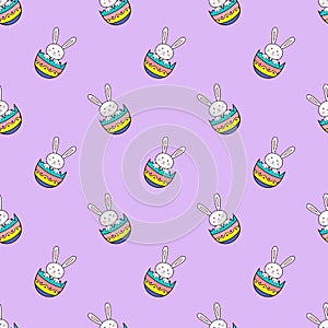Happy Easter seamless pattern with rabbit in egg shell on purple background illustration. Cute cartoon character.
