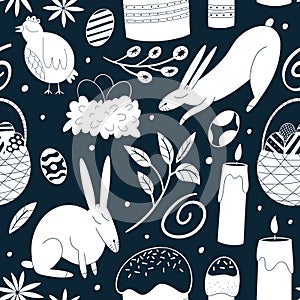 Happy Easter seamless pattern. Spring holiday concept vector illustrations. Chicken, rabbit, flowers, cakes and eggs background.