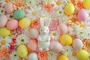 Happy easter Season Greeting Eggs Hunt Basket. White hoppy amber ale Bunny Easter arrangement. Bunny background wallpaper