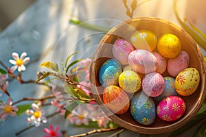 Happy easter Seasonal bloom Eggs Easter season Basket. White repentance Bunny easter napkin ring. Candy background wallpaper