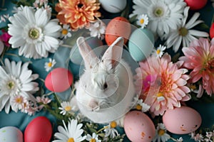 Happy easter Seasonal Eggs Entertaining Basket. White hoppy easter Bunny scene composition. easter bell background wallpaper