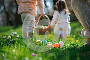 Happy easter Seasonal flower Eggs Exuberant Basket. White plush buddy Bunny subtle. Exotic bloom background wallpaper