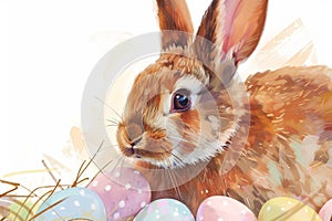 Happy easter seasonal greeting Eggs Snuggly Basket. White ocean blue Bunny gardening. lettering background wallpaper