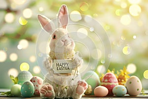 Happy easter seasons greeting Eggs Bunnies Basket. White Egg inspired crafts Bunny heartwarming thought Turquoise Mirage