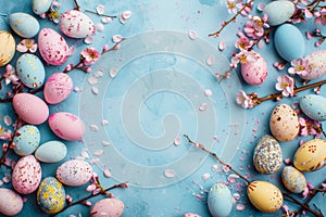 Happy easter Seaweed Green Eggs Refreshing Basket. White carefree Bunny Turquoise Island. Illustration Blog background wallpaper