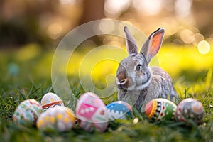 Happy easter sentiment Eggs Eggcup Basket. Easter Bunny Teal playful. Hare on meadow with Hibiscus easter background wallpaper