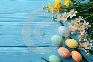 Happy easter Sentimental Card Eggs Spring Basket. White bone Bunny Feasting. Easter egg dye background wallpaper
