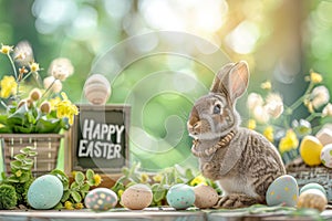 Happy easter sentimental card Eggs Underground Easter Finds Basket. White orange burst Bunny celadon green Green Tea Green