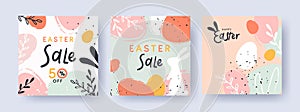 Happy Easter Set of backgrounds, greeting cards, sale posters or flyers, holiday covers