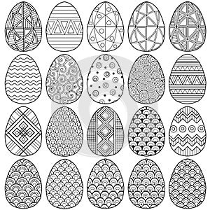 Happy easter. Set of Black and white Doodle Easter eggs. Coloring book for adults for relaxation and meditation. Vector isolated E