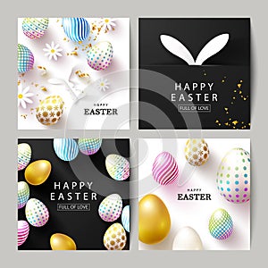 Happy Easter Set of cards.Beautiful Background with colorful eggs, paper bunnies,chamomiles and serpentine. Vector