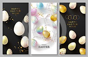Happy Easter Set of cards.Beautiful Background with colorful eggs, paper bunnies,chamomiles and serpentine. Vector