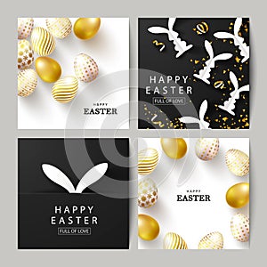 Happy Easter Set of cards.Beautiful Background with golden eggs, paper bunnies and serpentine. Vector illustration for