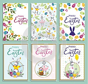 Happy Easter Set of cards in bright color. Cute vector flat illustration. Use for print, web, banner, website, corporate