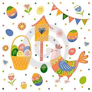 Happy easter. Set of chicken, basket with easter eggs, flowers, birdhouse. Hello spring. Isolated. Vector illustration. Flat