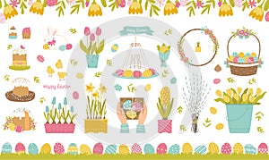 Happy Easter set. Collection of elements for the Easter holiday. Items isolated on a white background. Spring color palette.